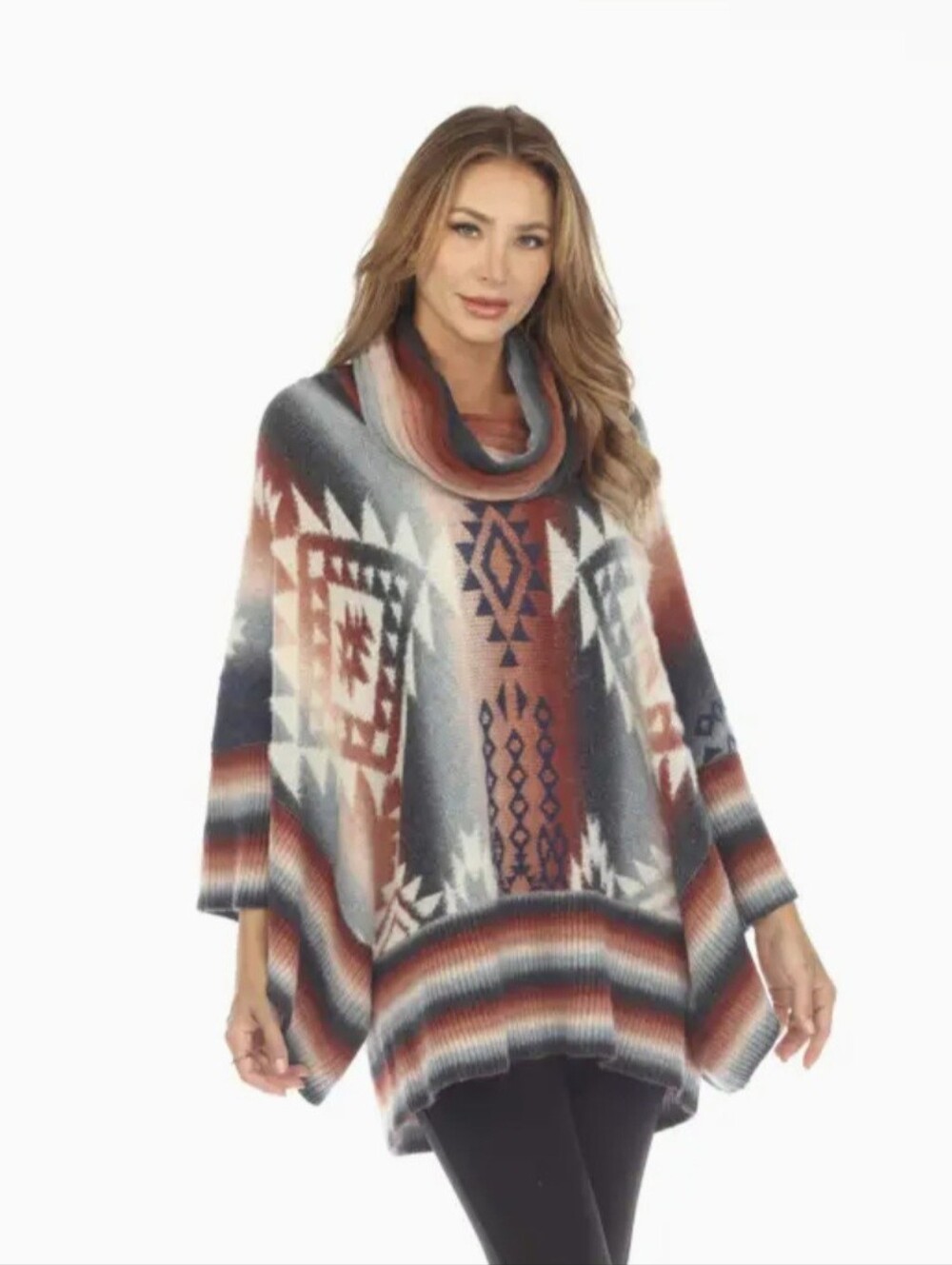 Kamana Southwest Style Geometric Pattern Cowl Neck Poncho In One Size
